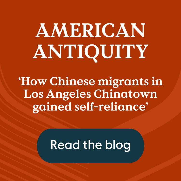 Text that says American Antiquity and ‘How Chinese migrants in Los Angeles Chinatown gained self-reliance’ above a button that says Read the blog, overlaid on a red background featuring a pattern made up of the Cambridge shield.