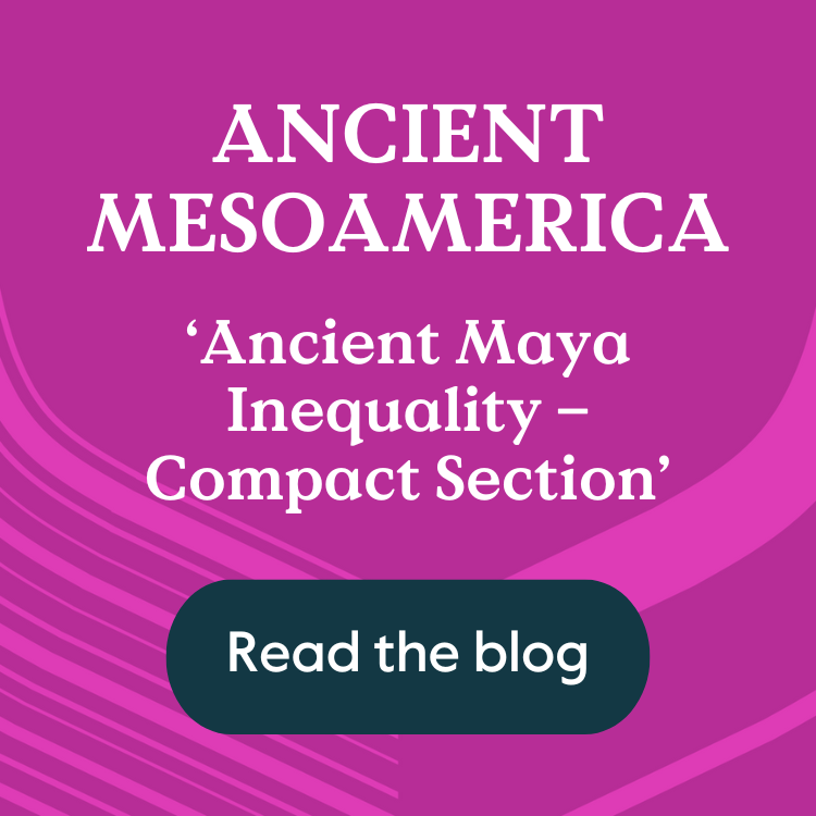 Text that says Ancient Mesoamerica and 'Ancient Maya Inequality - The Compact Section' above a button that says Read the blog, overlaid on a pink background featuring a pattern made up of the Cambridge shield.