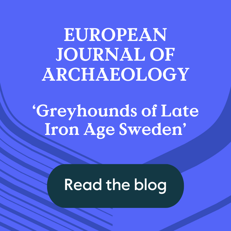 Text that says European Journal of Archaeology and 'Greyhounds of Late Iron Age Sweden' above a button that says Read the blog, overlaid on a blue background featuring a pattern made up of the Cambridge shield.