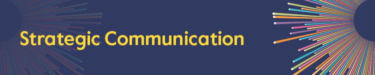 Strategic Communication text with a dark blue background and an illustrated multicoloured sunburst.