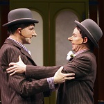 Twins Antipholus of Ephesus (Bruce Nelson) and Antipholus of Syracuse (Darragh Kennan), in the Folger production of The Comedy of Errors, 2011.