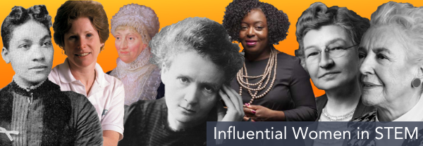 Images of influential women in STEM on an orange background