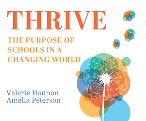 Thrive: The Purpose of Schools in a Changing World (in orange text)by Valerie Hannon & Amelia Peterson (in dark blue text) next to the image of a dandelion with three pieces of dandelion fluff blowing away. The dandelion and fluff is placed on top of blue, green and orange circles of colour.