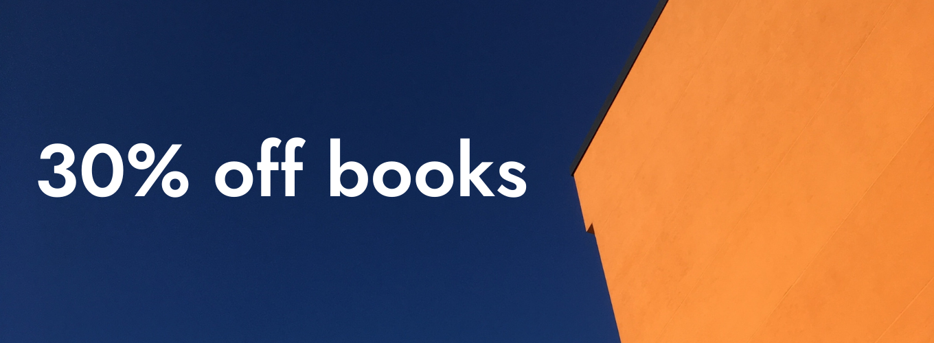Blue sky against an orange building with white text: 30% off books