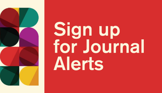 A red banner with a multicoloured Bauhaus-style pattern on the left-hand side, alongside text that says Sign up for Journal Alerts