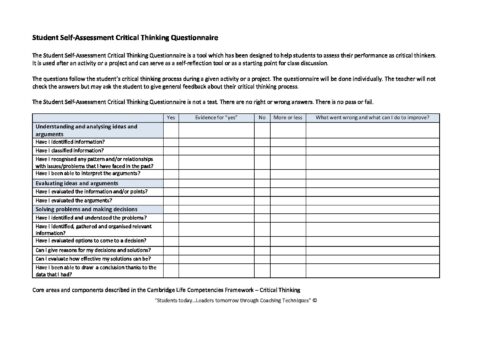 student critical thinking skills questionnaire