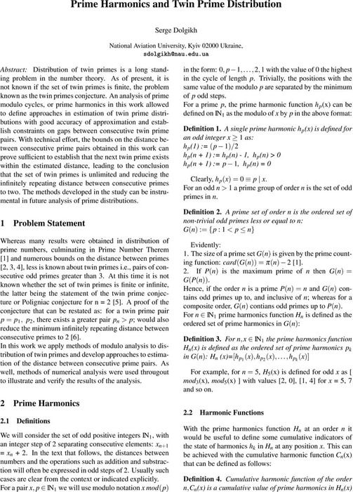 Prime Harmonics And Twin Prime Distribution Mathematics Cambridge Open Engage