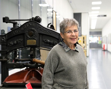 Penny Ur pictured in the University Printing House, Cambridge