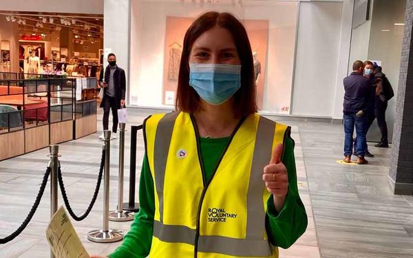 Claire Sanders volunteering as a vaccination steward in Cambridge