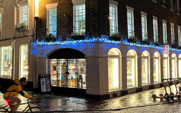 Cambridge University Press Bookshop front in the evening 