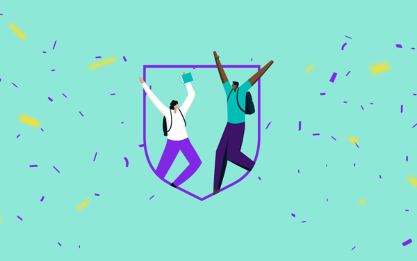 Illustration of two people celebrating in front of a purple Cambridge shield outline. Background is a sea blue with confetti