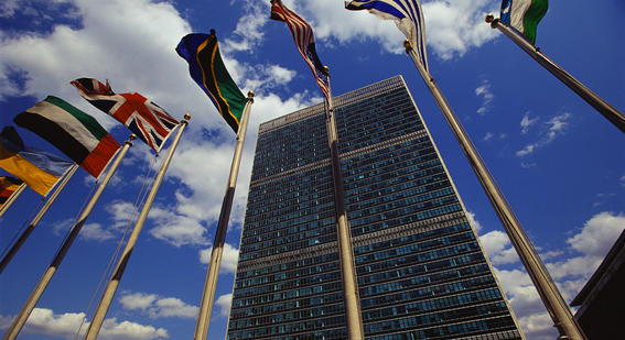 Flags flying outside the UN building at New York